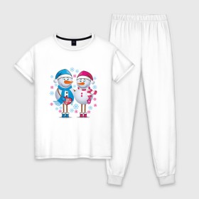Женская пижама хлопок с принтом Снеговики. Любовь. Рождество. в Тюмени, 100% хлопок | брюки и футболка прямого кроя, без карманов, на брюках мягкая резинка на поясе и по низу штанин | 