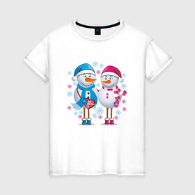Женская футболка хлопок с принтом Снеговики. Любовь. Рождество. в Тюмени, 100% хлопок | прямой крой, круглый вырез горловины, длина до линии бедер, слегка спущенное плечо | 