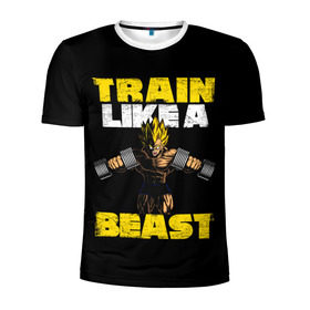 Мужская футболка 3D спортивная с принтом Train Like a Beast в Тюмени, 100% полиэстер с улучшенными характеристиками | приталенный силуэт, круглая горловина, широкие плечи, сужается к линии бедра | dragon ball | strong | workout | воркаут | драгон бол