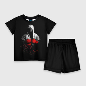 Детский костюм с шортами 3D с принтом Мертвый боксер в Тюмени,  |  | bone | boxing | combat | fight | fighter | kickboxing | muay thai | skelet | skull | wrestling | боец | бой | бокс | боксер | драка | кикбоксинг | кости | май тай | скелет | череп