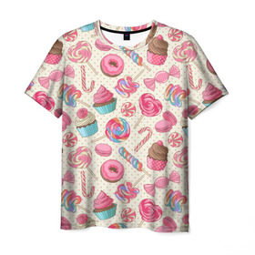 Мужская футболка 3D с принтом Радости и сладости в Тюмени, 100% полиэфир | прямой крой, круглый вырез горловины, длина до линии бедер | Тематика изображения на принте: глазурь | кексы | конфеты | леденцы | пончик | сладости