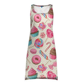 Платье-майка 3D с принтом Радости и сладости в Тюмени, 100% полиэстер | полуприлегающий силуэт, широкие бретели, круглый вырез горловины, удлиненный подол сзади. | глазурь | кексы | конфеты | леденцы | пончик | сладости