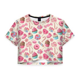 Женская футболка 3D укороченная с принтом Радости и сладости в Тюмени, 100% полиэстер | круглая горловина, длина футболки до линии талии, рукава с отворотами | глазурь | кексы | конфеты | леденцы | пончик | сладости