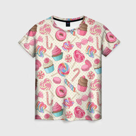Женская футболка 3D с принтом Радости и сладости в Тюмени, 100% полиэфир ( синтетическое хлопкоподобное полотно) | прямой крой, круглый вырез горловины, длина до линии бедер | Тематика изображения на принте: глазурь | кексы | конфеты | леденцы | пончик | сладости