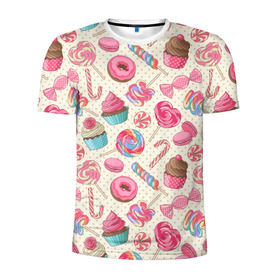 Мужская футболка 3D спортивная с принтом Радости и сладости в Тюмени, 100% полиэстер с улучшенными характеристиками | приталенный силуэт, круглая горловина, широкие плечи, сужается к линии бедра | Тематика изображения на принте: глазурь | кексы | конфеты | леденцы | пончик | сладости