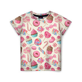 Детская футболка 3D с принтом Радости и сладости в Тюмени, 100% гипоаллергенный полиэфир | прямой крой, круглый вырез горловины, длина до линии бедер, чуть спущенное плечо, ткань немного тянется | глазурь | кексы | конфеты | леденцы | пончик | сладости