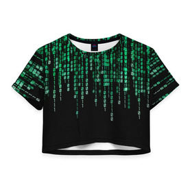 Женская футболка 3D укороченная с принтом Матрица в Тюмени, 100% полиэстер | круглая горловина, длина футболки до линии талии, рукава с отворотами | background | black | green | matrix | movie | numbers | зеленые | матрица | фильм | фон | цифры | черный