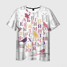 Мужская футболка 3D с принтом Алфавит в Тюмени, 100% полиэфир | прямой крой, круглый вырез горловины, длина до линии бедер | alphabet | art | birds | collage | letters | russian | алфавит | буквы | искусство | коллаж | птицы | русский