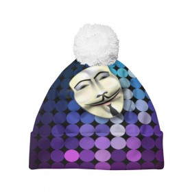 Шапка 3D c помпоном с принтом Анонимус в Тюмени, 100% полиэстер | универсальный размер, печать по всей поверхности изделия | anonymous | www | интернет | маска | свобода | хакер