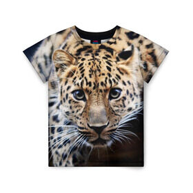 Детская футболка 3D с принтом Леопард в Тюмени, 100% гипоаллергенный полиэфир | прямой крой, круглый вырез горловины, длина до линии бедер, чуть спущенное плечо, ткань немного тянется | взгляд | глаза | дикая кошка | леопард | хищник
