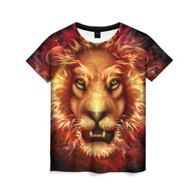 Женская футболка 3D с принтом Огненный лев в Тюмени, 100% полиэфир ( синтетическое хлопкоподобное полотно) | прямой крой, круглый вырез горловины, длина до линии бедер | animal | fire | flame | head | lion | look | predator | взгляд | голова | животное | лев | огненный | огонь | пламя | хищник