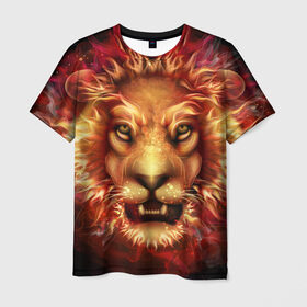 Мужская футболка 3D с принтом Огненный лев в Тюмени, 100% полиэфир | прямой крой, круглый вырез горловины, длина до линии бедер | animal | fire | flame | head | lion | look | predator | взгляд | голова | животное | лев | огненный | огонь | пламя | хищник
