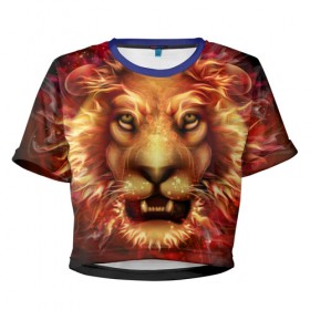 Женская футболка 3D укороченная с принтом Огненный лев в Тюмени, 100% полиэстер | круглая горловина, длина футболки до линии талии, рукава с отворотами | animal | fire | flame | head | lion | look | predator | взгляд | голова | животное | лев | огненный | огонь | пламя | хищник