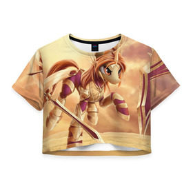 Женская футболка 3D укороченная с принтом Pony Leona в Тюмени, 100% полиэстер | круглая горловина, длина футболки до линии талии, рукава с отворотами | league of legends | leona | lol | pony | леона | лига легенд | лол | пони