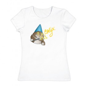 Женская футболка хлопок с принтом ВЖУХ котик в Тюмени, 100% хлопок | прямой крой, круглый вырез горловины, длина до линии бедер, слегка спущенное плечо | вжух | котик