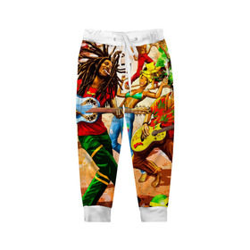 Детские брюки 3D с принтом Ямайка, Боб Марли в Тюмени, 100% полиэстер | манжеты по низу, эластичный пояс регулируется шнурком, по бокам два кармана без застежек, внутренняя часть кармана из мелкой сетки | Тематика изображения на принте: reggae bob marley | праздник | регги | танцы