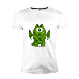 Мужская футболка премиум с принтом Дракон с мороженкой в Тюмени, 92% хлопок, 8% лайкра | приталенный силуэт, круглый вырез ворота, длина до линии бедра, короткий рукав | dragon | icecream | дракон | дракошка | мороженное | рисованный