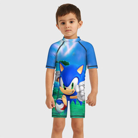 Детский купальный костюм 3D с принтом Соник Бум в Тюмени, Полиэстер 85%, Спандекс 15% | застежка на молнии на спине | sega | sonic the hedgehog | sonik | еж | ёж соник | сега | соник