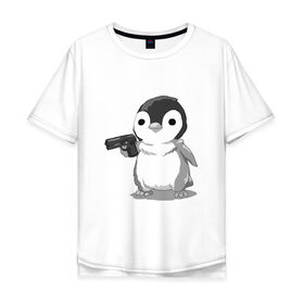 Мужская футболка хлопок Oversize с принтом пингвин в Тюмени, 100% хлопок | свободный крой, круглый ворот, “спинка” длиннее передней части | gun | penguin | shotgun | tmblr | tumbler | пингвин | пистолет