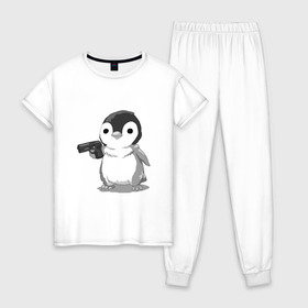Женская пижама хлопок с принтом пингвин в Тюмени, 100% хлопок | брюки и футболка прямого кроя, без карманов, на брюках мягкая резинка на поясе и по низу штанин | gun | penguin | shotgun | tmblr | tumbler | пингвин | пистолет