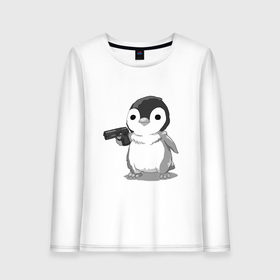 Женский лонгслив хлопок с принтом пингвин в Тюмени, 100% хлопок |  | gun | penguin | shotgun | tmblr | tumbler | пингвин | пистолет