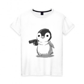 Женская футболка хлопок с принтом пингвин в Тюмени, 100% хлопок | прямой крой, круглый вырез горловины, длина до линии бедер, слегка спущенное плечо | gun | penguin | shotgun | tmblr | tumbler | пингвин | пистолет
