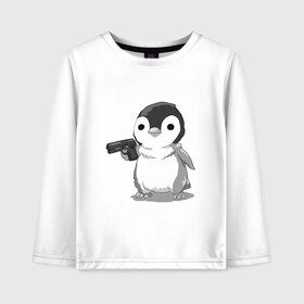 Детский лонгслив хлопок с принтом пингвин в Тюмени, 100% хлопок | круглый вырез горловины, полуприлегающий силуэт, длина до линии бедер | gun | penguin | shotgun | tmblr | tumbler | пингвин | пистолет