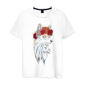 Мужская футболка хлопок с принтом Лиса в Тюмени, 100% хлопок | прямой крой, круглый вырез горловины, длина до линии бедер, слегка спущенное плечо. | Тематика изображения на принте: fox | животные | лиса | лисичка | лисы | осень | рыжая | фыр фыр | цветы