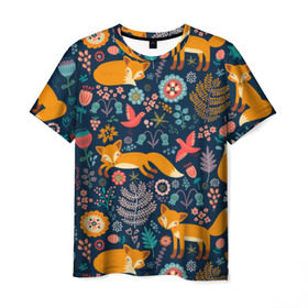 Мужская футболка 3D с принтом Лисички паттерн в Тюмени, 100% полиэфир | прямой крой, круглый вырез горловины, длина до линии бедер | fox | животные | лиса | лисичка | лисы | осень | рыжая | фыр фыр | цветы