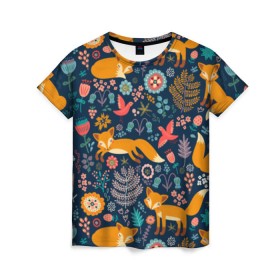 Женская футболка 3D с принтом Лисички паттерн в Тюмени, 100% полиэфир ( синтетическое хлопкоподобное полотно) | прямой крой, круглый вырез горловины, длина до линии бедер | fox | животные | лиса | лисичка | лисы | осень | рыжая | фыр фыр | цветы