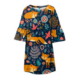 Детское платье 3D с принтом Лисички паттерн в Тюмени, 100% полиэстер | прямой силуэт, чуть расширенный к низу. Круглая горловина, на рукавах — воланы | fox | животные | лиса | лисичка | лисы | осень | рыжая | фыр фыр | цветы