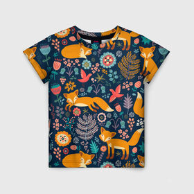 Детская футболка 3D с принтом Лисички паттерн в Тюмени, 100% гипоаллергенный полиэфир | прямой крой, круглый вырез горловины, длина до линии бедер, чуть спущенное плечо, ткань немного тянется | fox | животные | лиса | лисичка | лисы | осень | рыжая | фыр фыр | цветы