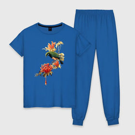 Женская пижама хлопок с принтом экзотическая птица в Тюмени, 100% хлопок | брюки и футболка прямого кроя, без карманов, на брюках мягкая резинка на поясе и по низу штанин | весна | девушкам | птицы | цветы