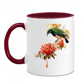 Кружка двухцветная с принтом экзотическая птица в Тюмени, керамика | объем — 330 мл, диаметр — 80 мм. Цветная ручка и кайма сверху, в некоторых цветах — вся внутренняя часть | весна | девушкам | птицы | цветы
