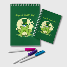 Блокнот с принтом Ирландия в Тюмени, 100% бумага | 48 листов, плотность листов — 60 г/м2, плотность картонной обложки — 250 г/м2. Листы скреплены удобной пружинной спиралью. Цвет линий — светло-серый
 | Тематика изображения на принте: clover | frog | green | happy st. patricks day | ireland | irish | moon | день святого патрика | зелёная | ирландец | ирландия | клевер | луна | лягушка | счастливый | шляпа