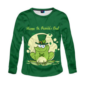 Женский лонгслив 3D с принтом Ирландия в Тюмени, 100% полиэстер | длинные рукава, круглый вырез горловины, полуприлегающий силуэт | Тематика изображения на принте: clover | frog | green | happy st. patricks day | ireland | irish | moon | день святого патрика | зелёная | ирландец | ирландия | клевер | луна | лягушка | счастливый | шляпа