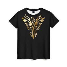 Женская футболка 3D с принтом Gold Phoenix в Тюмени, 100% полиэфир ( синтетическое хлопкоподобное полотно) | прямой крой, круглый вырез горловины, длина до линии бедер | злато | золото | клюв | крылья | металл | орёл | птица | феникс