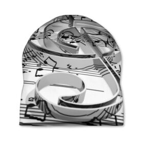 Шапка 3D с принтом Скрипичный ключ в Тюмени, 100% полиэстер | универсальный размер, печать по всей поверхности изделия | metal | mirrored | music | notes | sign | treble clef | зеркальный | знак | металл | музыка | ноты | скрипичный ключ