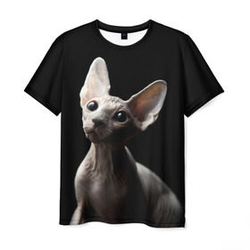 Мужская футболка 3D с принтом Сфинкс в Тюмени, 100% полиэфир | прямой крой, круглый вырез горловины, длина до линии бедер | black | cat | взгляд | кот | котик | котэ | кошка | сфинкс | уши | черный
