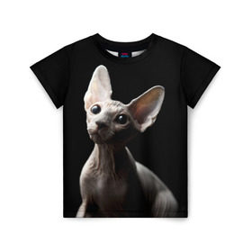 Детская футболка 3D с принтом Сфинкс в Тюмени, 100% гипоаллергенный полиэфир | прямой крой, круглый вырез горловины, длина до линии бедер, чуть спущенное плечо, ткань немного тянется | Тематика изображения на принте: black | cat | взгляд | кот | котик | котэ | кошка | сфинкс | уши | черный