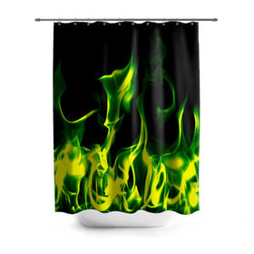 Штора 3D для ванной с принтом Зелёный огонь в Тюмени, 100% полиэстер | плотность материала — 100 г/м2. Стандартный размер — 146 см х 180 см. По верхнему краю — пластиковые люверсы для креплений. В комплекте 10 пластиковых колец | пламя | черный | яркий