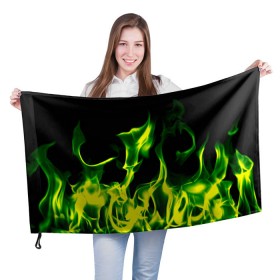 Флаг 3D с принтом Зелёный огонь в Тюмени, 100% полиэстер | плотность ткани — 95 г/м2, размер — 67 х 109 см. Принт наносится с одной стороны | пламя | черный | яркий