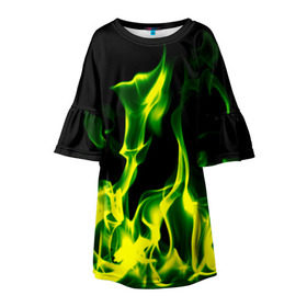 Детское платье 3D с принтом Зелёный огонь в Тюмени, 100% полиэстер | прямой силуэт, чуть расширенный к низу. Круглая горловина, на рукавах — воланы | Тематика изображения на принте: пламя | черный | яркий