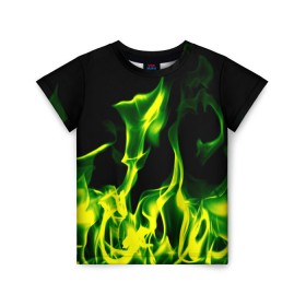 Детская футболка 3D с принтом Зелёный огонь в Тюмени, 100% гипоаллергенный полиэфир | прямой крой, круглый вырез горловины, длина до линии бедер, чуть спущенное плечо, ткань немного тянется | пламя | черный | яркий