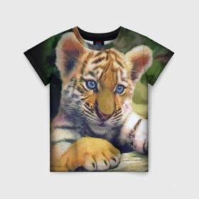 Детская футболка 3D с принтом Тигренок в Тюмени, 100% гипоаллергенный полиэфир | прямой крой, круглый вырез горловины, длина до линии бедер, чуть спущенное плечо, ткань немного тянется | животные | котенок | кошка. кот | тигр | тигренок