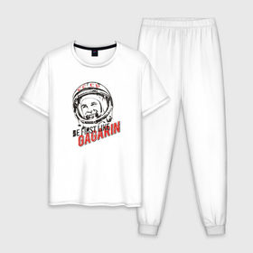 Мужская пижама хлопок с принтом Быть первым, как Гагарин! в Тюмени, 100% хлопок | брюки и футболка прямого кроя, без карманов, на брюках мягкая резинка на поясе и по низу штанин
 | восток | космонавт | космос | ссср | юрий гагарин