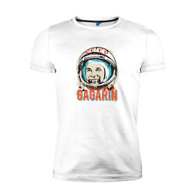 Мужская футболка премиум с принтом Юрий Гагарин. Первый в космосе в Тюмени, 92% хлопок, 8% лайкра | приталенный силуэт, круглый вырез ворота, длина до линии бедра, короткий рукав | восток | звезды | космов | первый | ракета | ссср | юрий гагарин