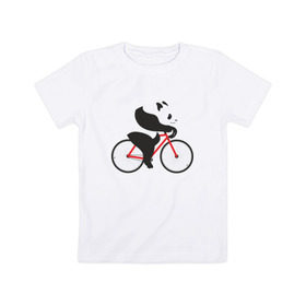 Детская футболка хлопок с принтом Панда на велосипеде в Тюмени, 100% хлопок | круглый вырез горловины, полуприлегающий силуэт, длина до линии бедер | велик | велосипед | медведь | мишка | панда
