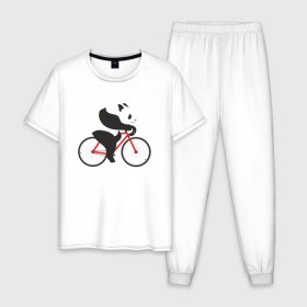 Мужская пижама хлопок с принтом Панда на велосипеде в Тюмени, 100% хлопок | брюки и футболка прямого кроя, без карманов, на брюках мягкая резинка на поясе и по низу штанин
 | велик | велосипед | медведь | мишка | панда