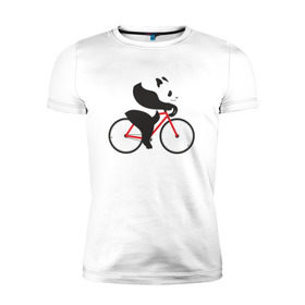 Мужская футболка премиум с принтом Панда на велосипеде в Тюмени, 92% хлопок, 8% лайкра | приталенный силуэт, круглый вырез ворота, длина до линии бедра, короткий рукав | велик | велосипед | медведь | мишка | панда